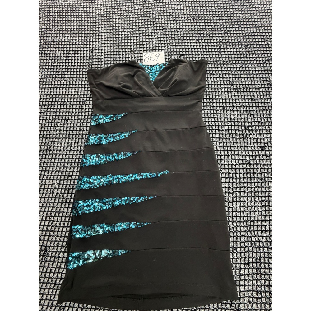 City Triangle Bodycon Dress Womens L Black Teal Sequin Strapless Mini